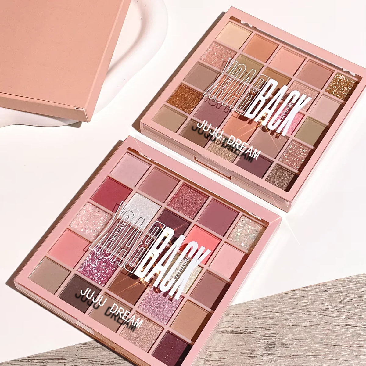 Blushimmer 25-color eyeshadow tray with oatmeal milk tea shades, sparkling powder, pearl sequins, gentle orange brown tones.
