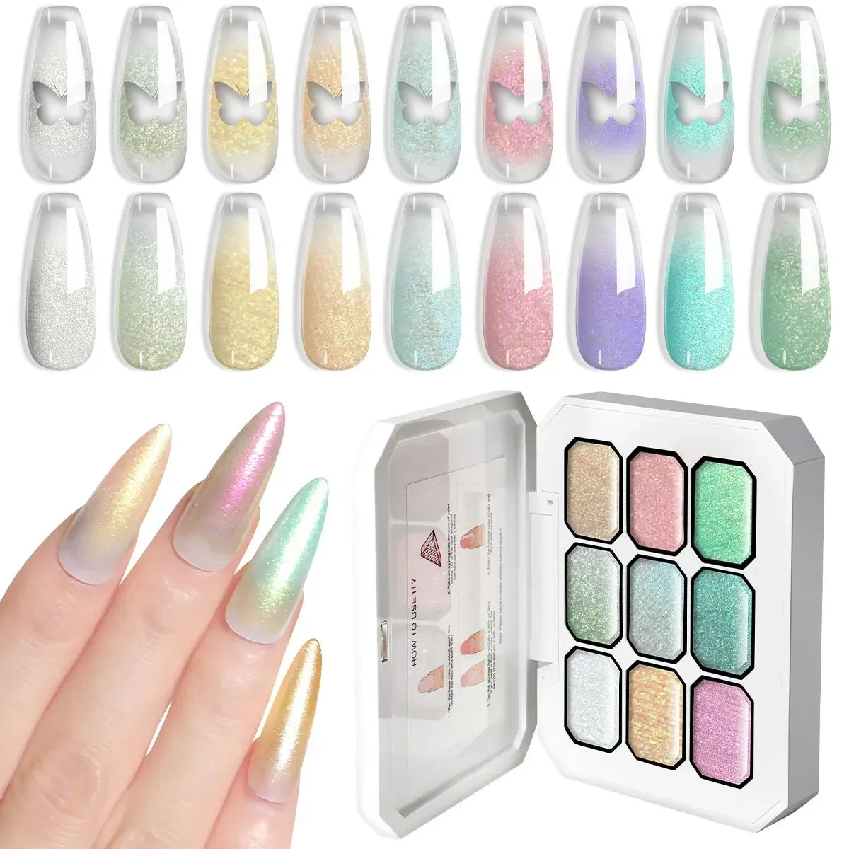 Blushimmer LIMEGIRL 7-in-1 nail gel kit with long-lasting hybrid gradient gel for professional nail salon art, showing colorful textured nails.