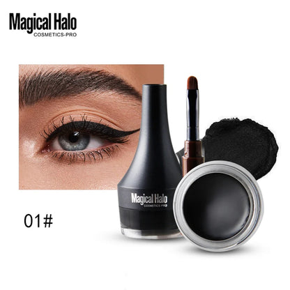 Blushimmer waterproof eyebrow pomade and gel eyeliner cream in a 4.5g jar with a smooth, creamy texture and dark brown color.