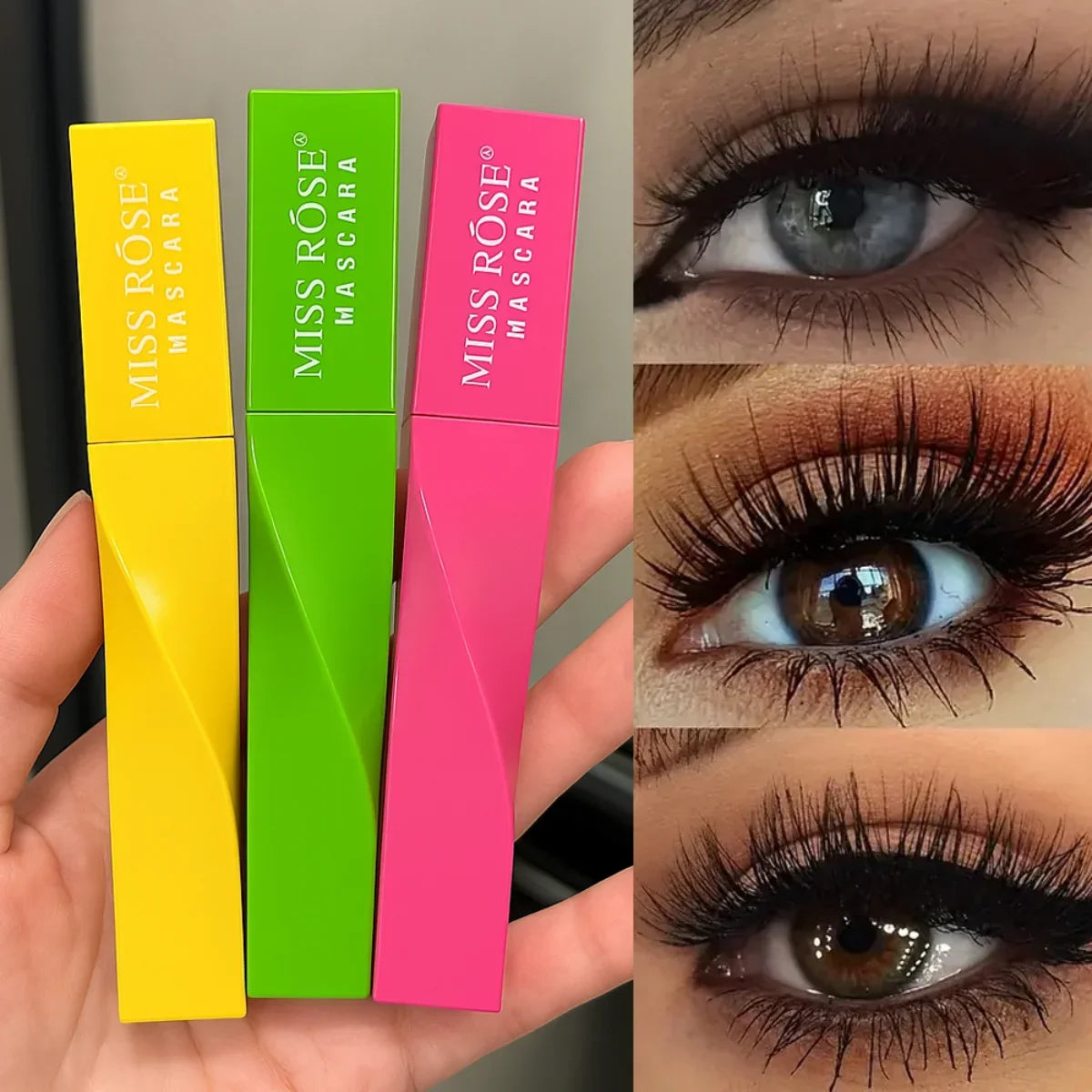 Miss Rose 5D Extreme Volume Waterproof Mascara by Blushimmer, showing the curling mascara wand and volumizing brush.