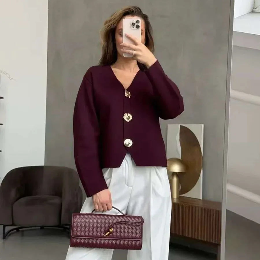 Fashion Simple Commuting Button V-neck Short Knitted Cardigan 2025 New Autumn and Winter Women's Solid Long-sleeved Sweater