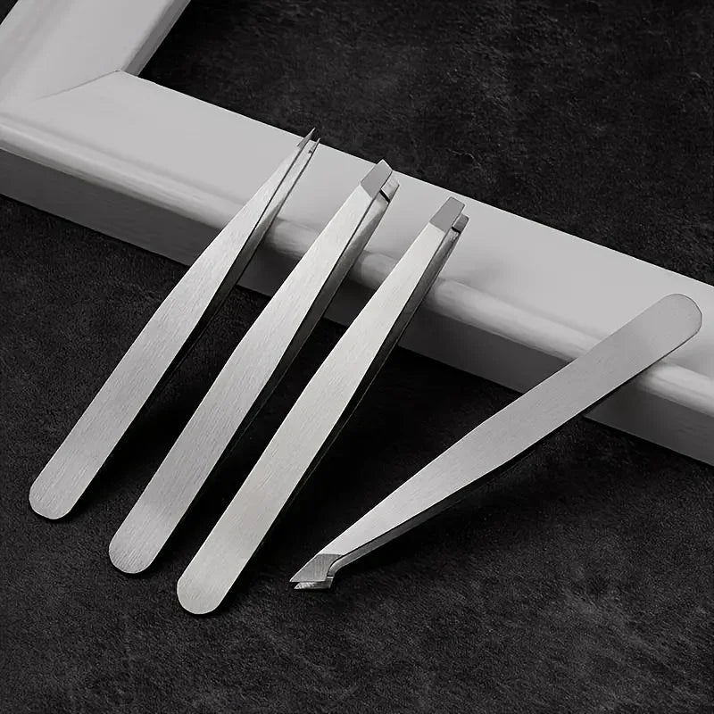 Set of four stainless steel Tweezers by Blushimmer, including angled tweezers for eyebrow, beard, and hair removal.