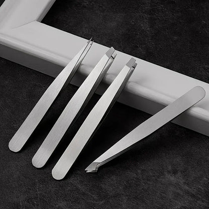 Set of four stainless steel Tweezers by Blushimmer, including angled tweezers for eyebrow, beard, and hair removal.