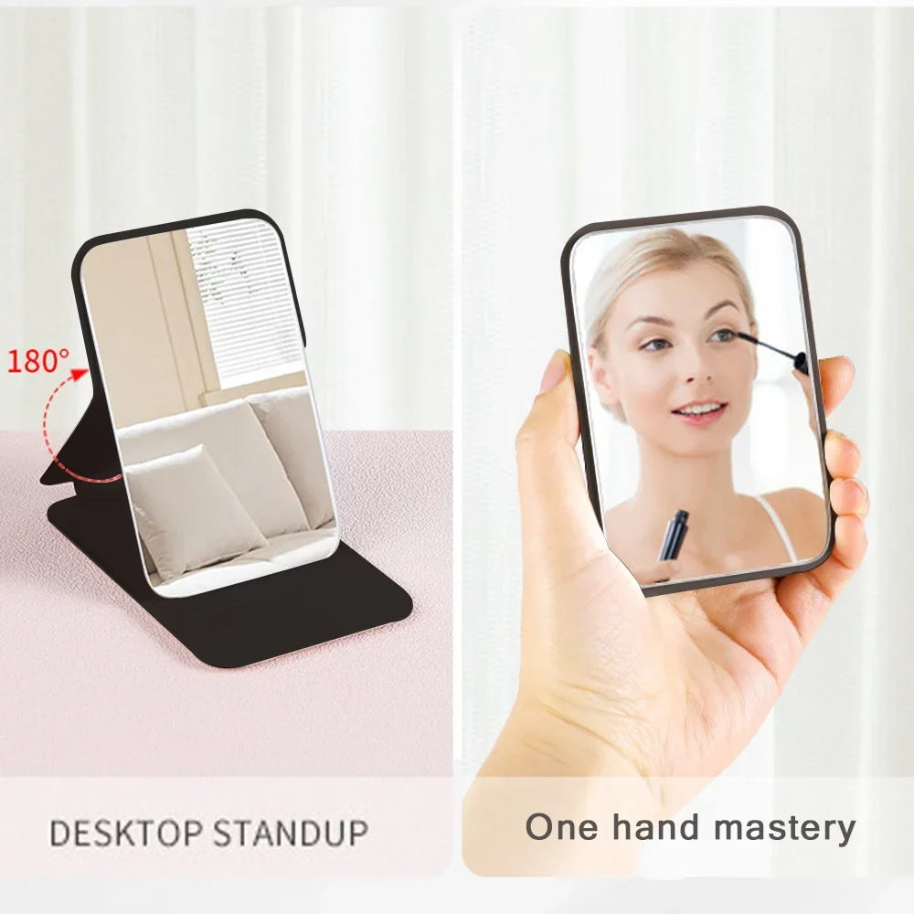 Blushimmer portable compact folding makeup mirror with storage, desktop size, ideal for students and home use.