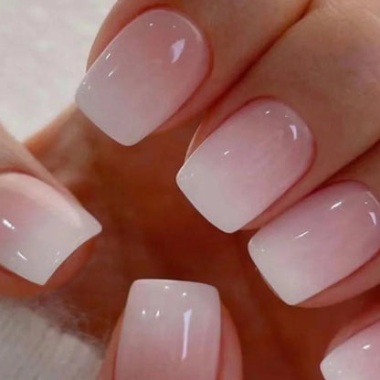Blushimmer 24-pack of square head fake nails with pink-white gradient French press design and jelly glue for short full cover false nail tips.