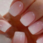 Blushimmer 24-pack of square head fake nails with pink-white gradient French press design and jelly glue for short full cover false nail tips.