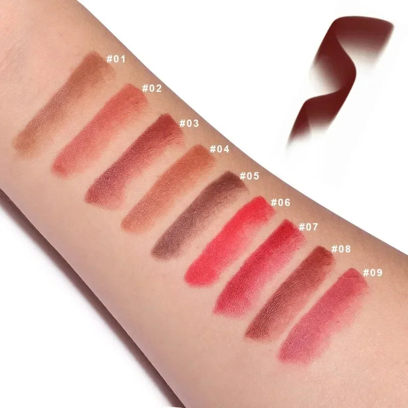 Blushimmer nude brown lip liner pencil and velvet matte lipstick with waterproof, non-stick formula for smooth, defined lips.