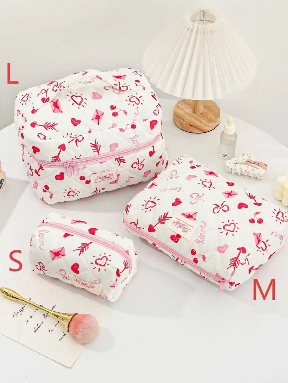 Cute quilted cotton makeup bag by Blushimmer with zipper closure, portable cloth cosmetic organizer for women and girls.