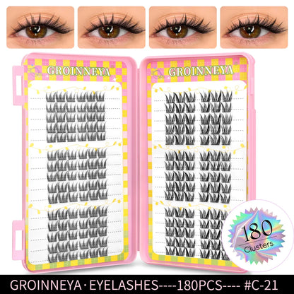 Blushimmer GROINNEYA eyelash clusters tray with 320 natural mixed volume extension lashes for professional eyelash enhancement.
