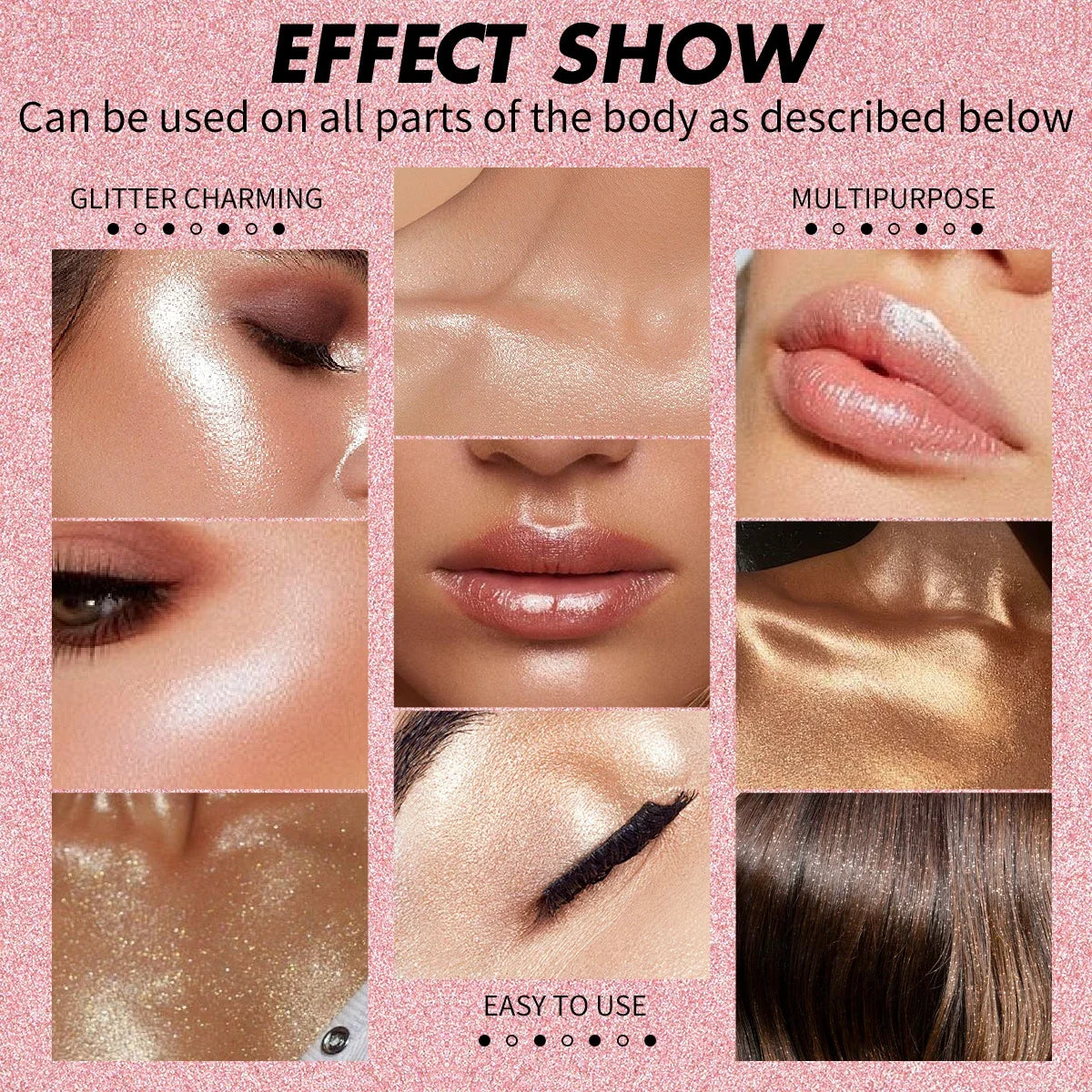 Blushimmer baked highlighter palette with radiant glitter eyeshadow and pressed powders for glowing, pigmented makeup looks.