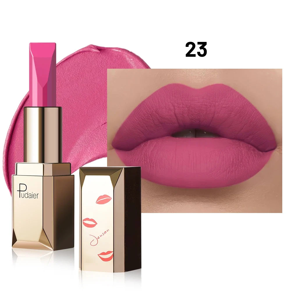Blushimmer matte velvet lipstick with high pigment, smooth finish, long-lasting stain resistance, and non-drying formula.
