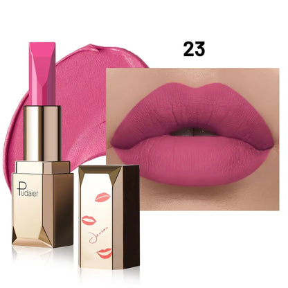 Blushimmer matte velvet lipstick with high pigment, smooth finish, long-lasting stain resistance, and non-drying formula.