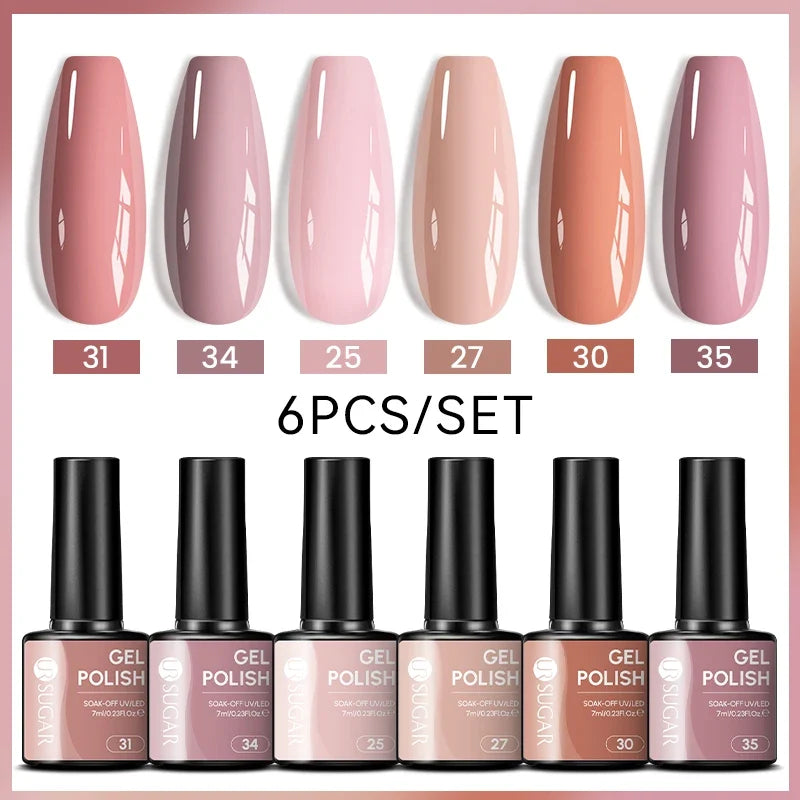 Blushimmer UR SUGAR 7ml gel nail polish set featuring nude, pink, red, and glitter shades for all-season manicure, UV soak-off gel