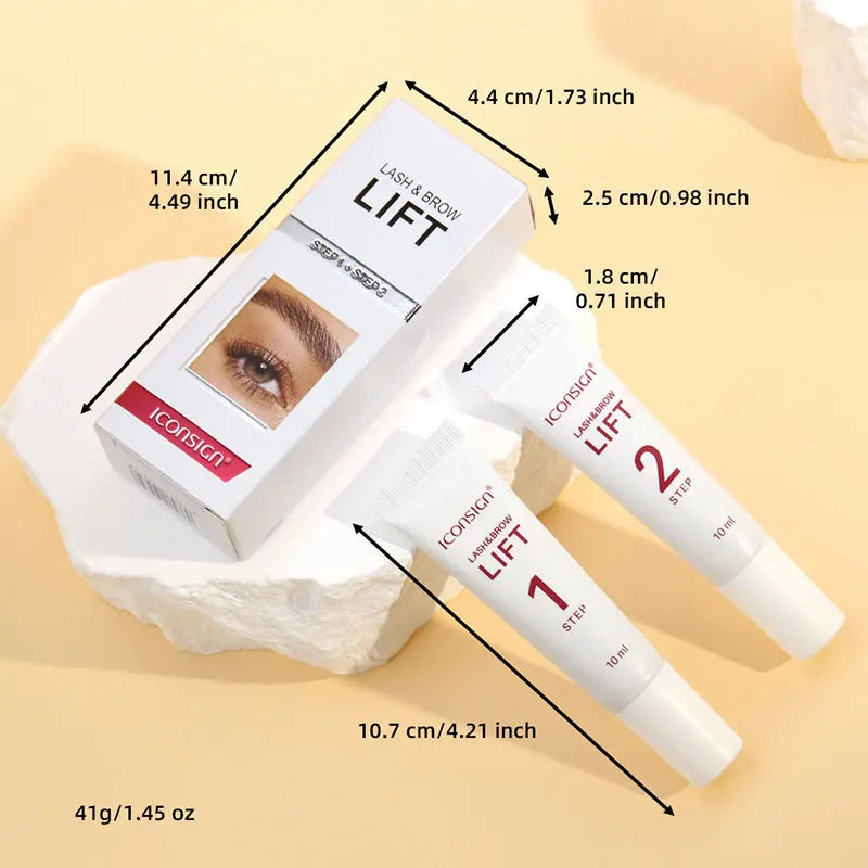 Blushimmer 2-piece lash lift kit with 10ml tubes, including step 1 and 2 fixation solutions for eyelash lifting and brow lamination.
