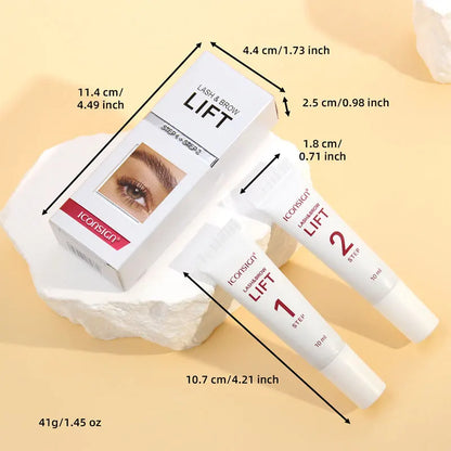 Blushimmer 2-piece lash lift kit with 10ml tubes, including step 1 and 2 fixation solutions for eyelash lifting and brow lamination.