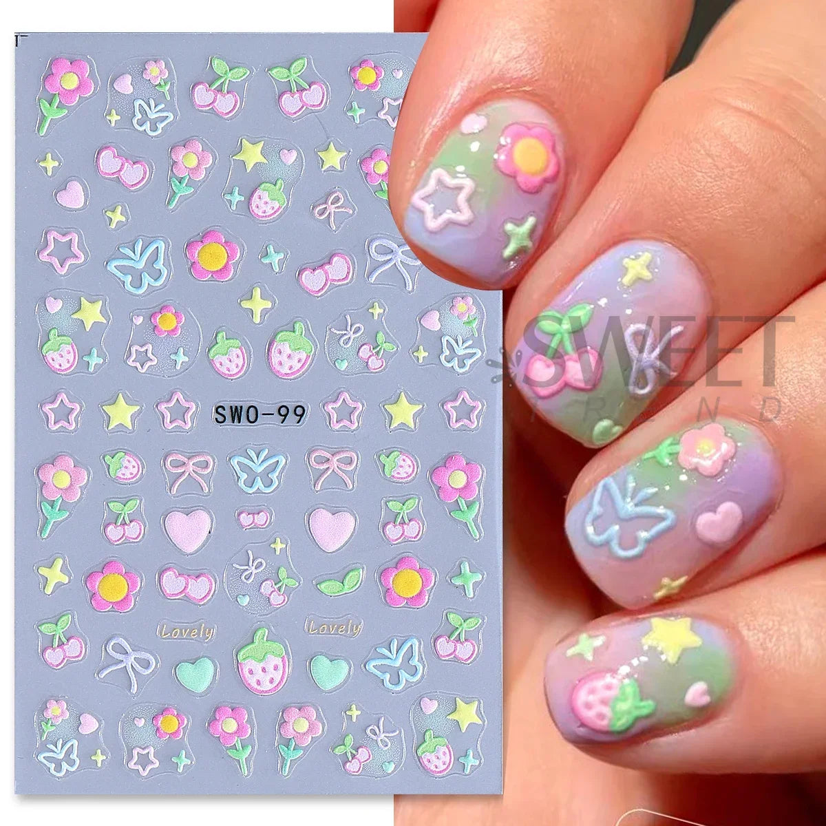 Colorful Blushimmer nail art stickers featuring flowers, hearts, cherries, strawberries, bows, and butterflies for kawaii manicures.