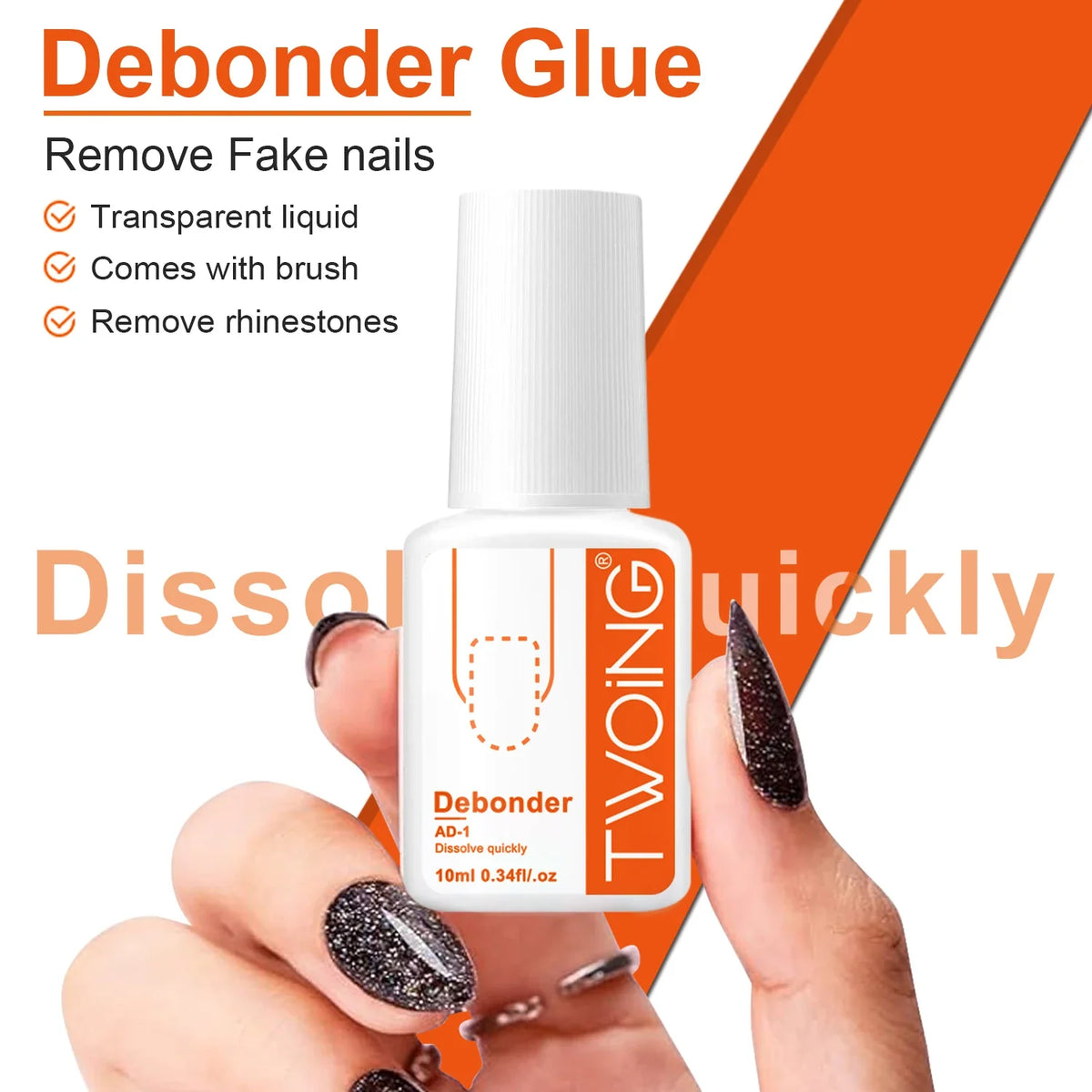 Blushimmer 10ml debonder glue for removing false nails and rhinestones, fast-dissolving liquid nail art remover tool.