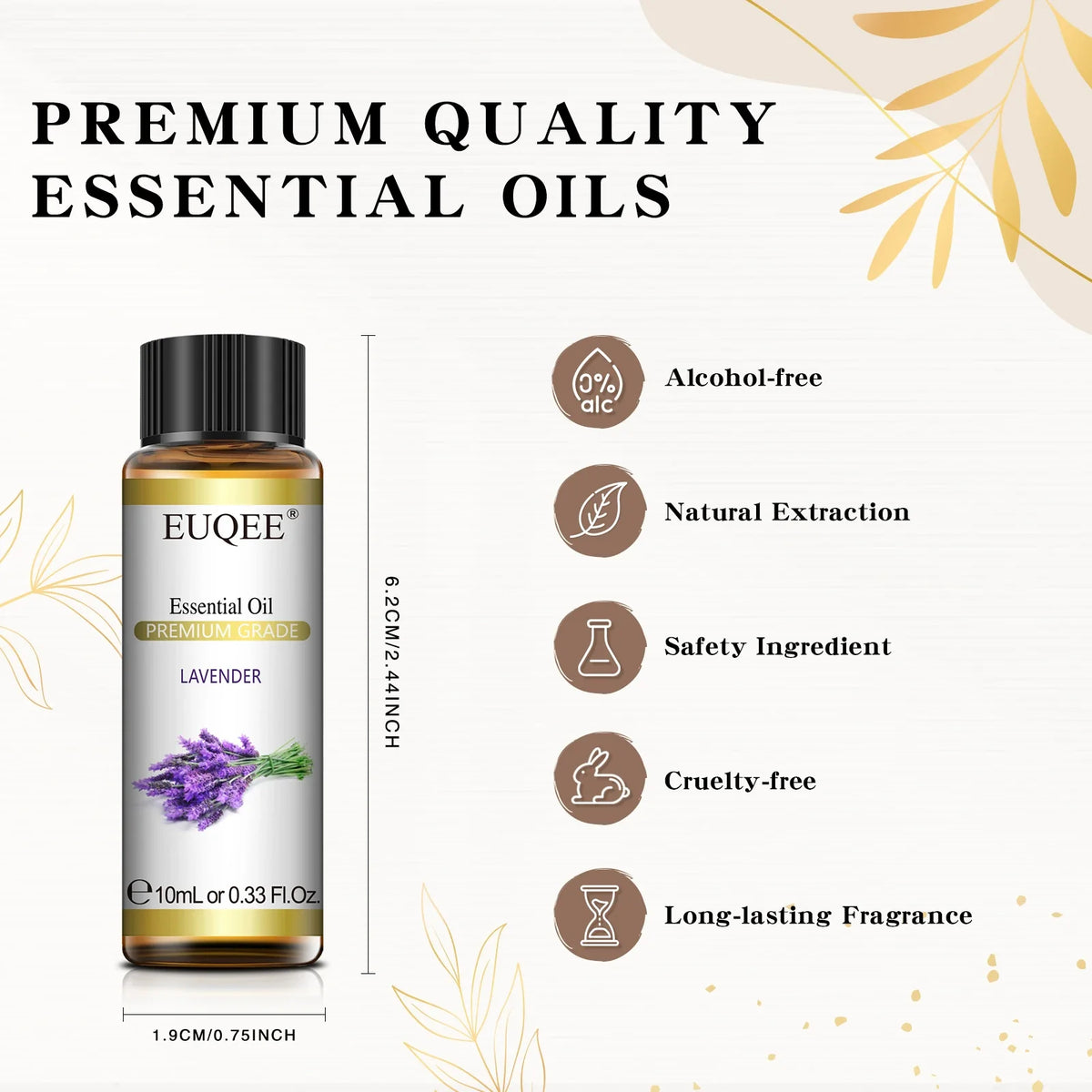 EUQEE 10ml natural essential oil set with lavender, jasmine, eucalyptus, vanilla, sandalwood, orange, lemon, oregano, and neroli scents