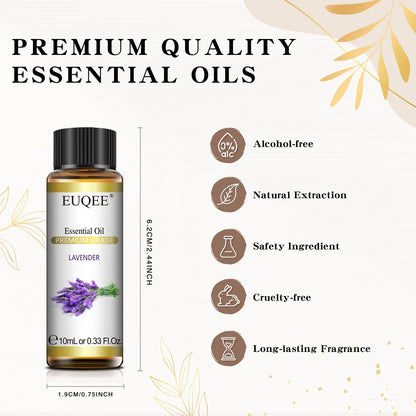 EUQEE 10ml natural essential oil set with lavender, jasmine, eucalyptus, vanilla, sandalwood, orange, lemon, oregano, and neroli scents