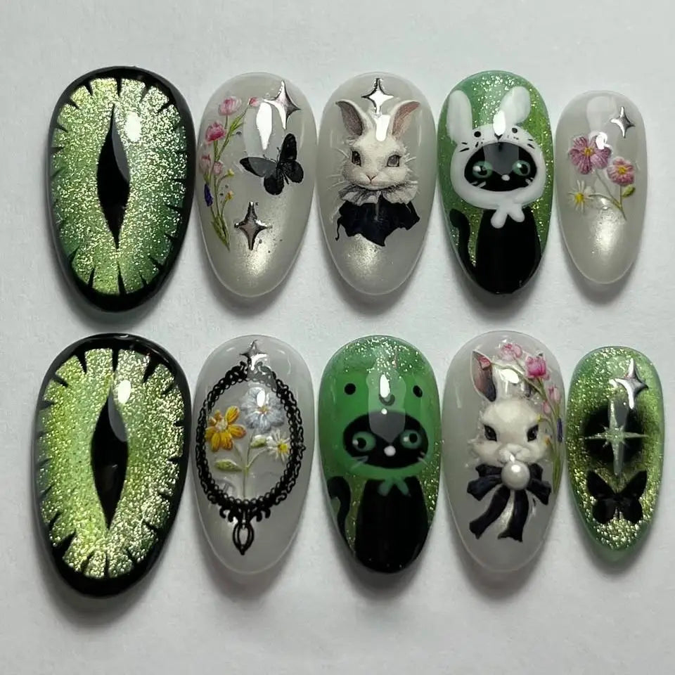 Blushimmer 24-pack wine red almond press-on nails with cartoon rabbit, bowknot, plaid, pearl designs, French style for girls