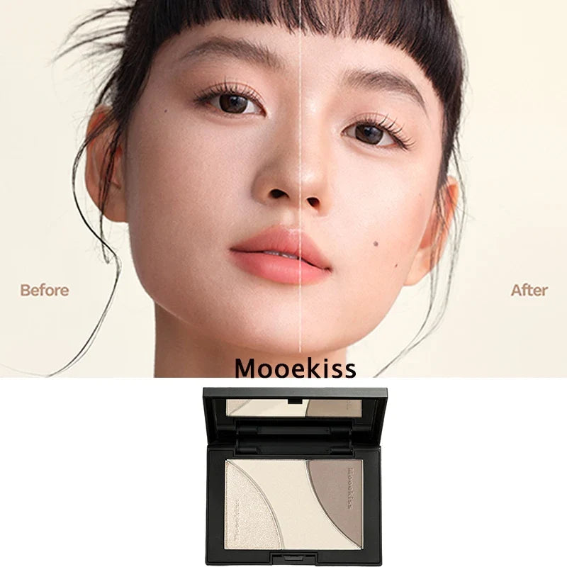 Blushimmer Mooekiss highlighter contour blush palette with three matte and pearlescent shades for face and eye makeup.
