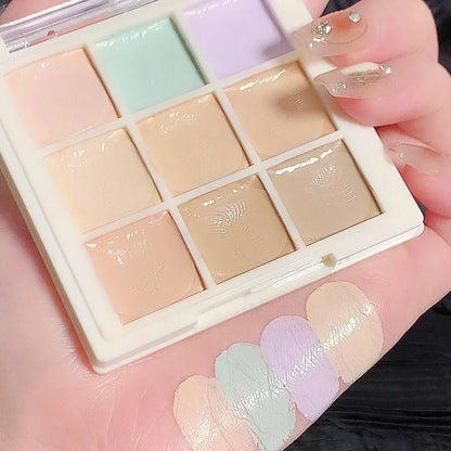 Blushimmer 9-color concealer palette with shades for freckles, acne marks, dark circles, and tear troughs, brightening skin tone.