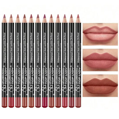 Set of 12 Blushimmer lip liner pencils in various shades, featuring matte finish and nude tones for defining lips.