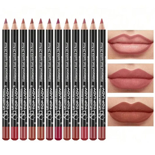 Set of 12 Blushimmer lip liner pencils in various shades, featuring matte finish and nude tones for defining lips.