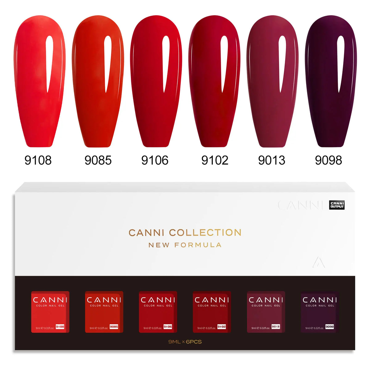 Blushimmer CANNI HEMA FREE nail gel polish set with six 9ml bottles in vibrant, semi-permanent colors for UV and LED gel nails.