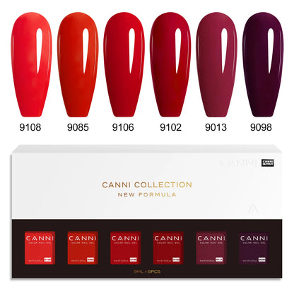 Blushimmer CANNI HEMA FREE nail gel polish set with six 9ml bottles in vibrant, semi-permanent colors for UV and LED gel nails.