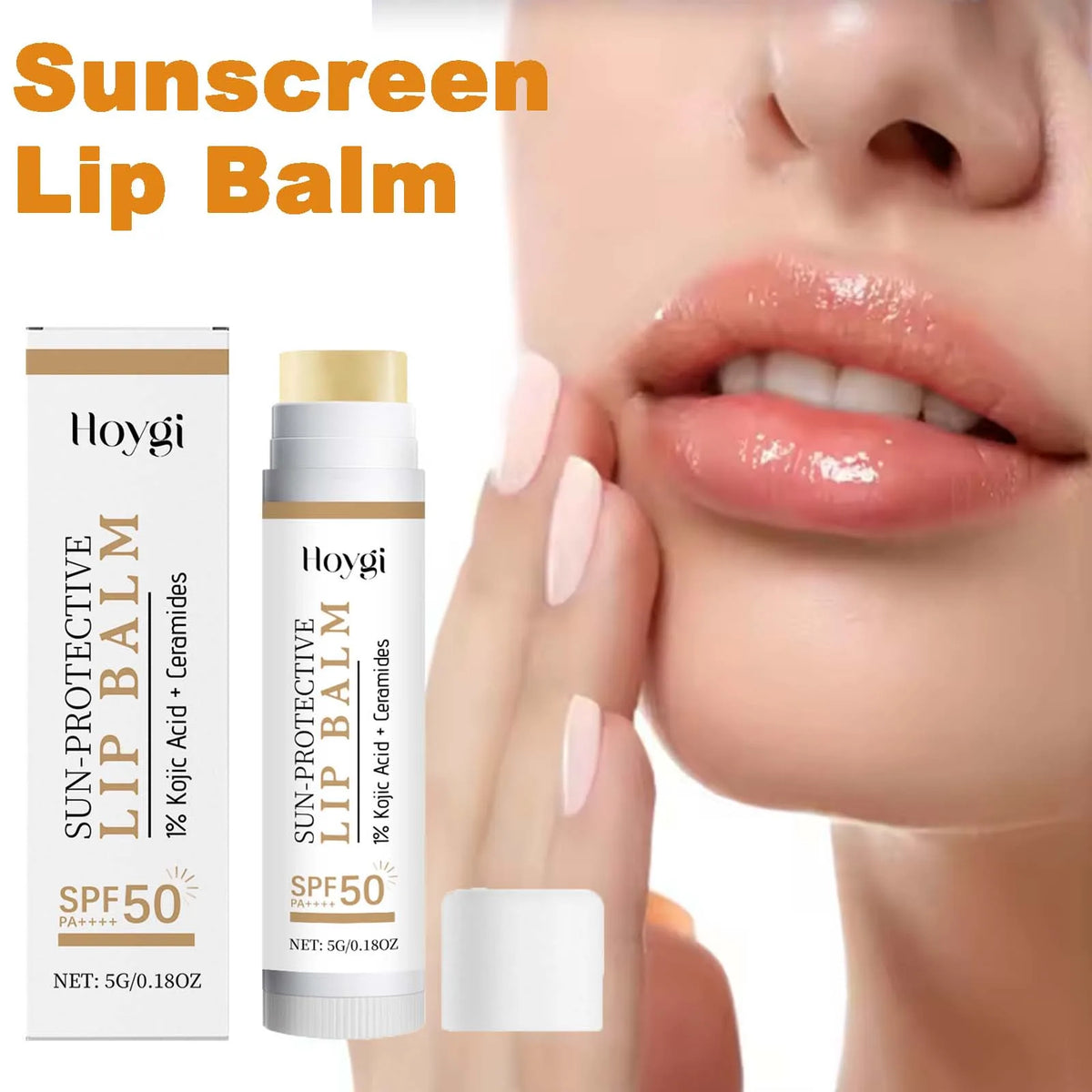 Blushimmer SPF50+ hydrating lip balm with kojic acid and ceramide, showing a close-up of smooth, moisturized lips.