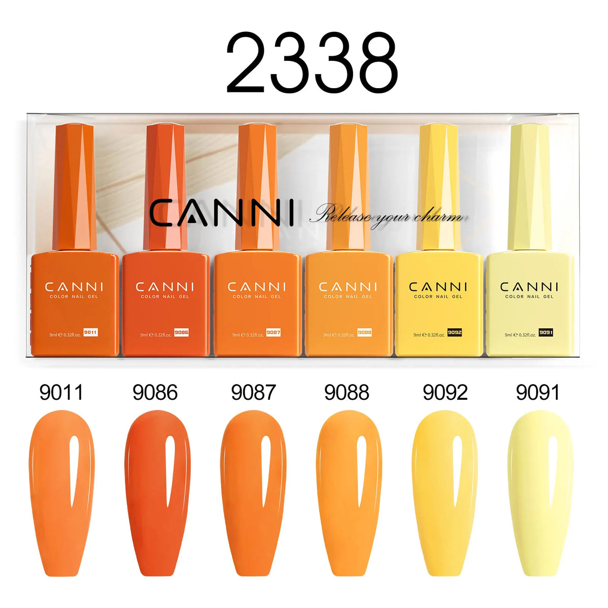 Blushimmer 6-pack 9ml CANNI HEMA FREE gel nail polish set with vibrant semi-permanent colors for UV and LED gel nails.