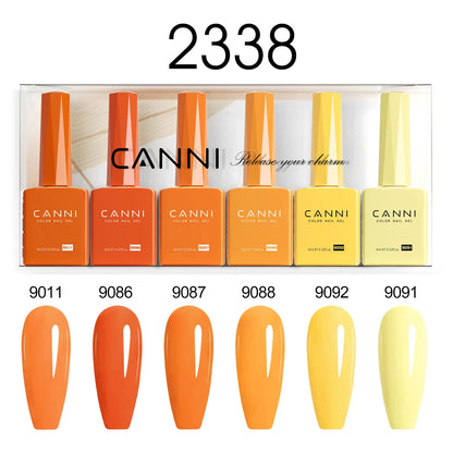 Blushimmer 6-pack 9ml CANNI HEMA FREE gel nail polish set with vibrant semi-permanent colors for UV and LED gel nails.