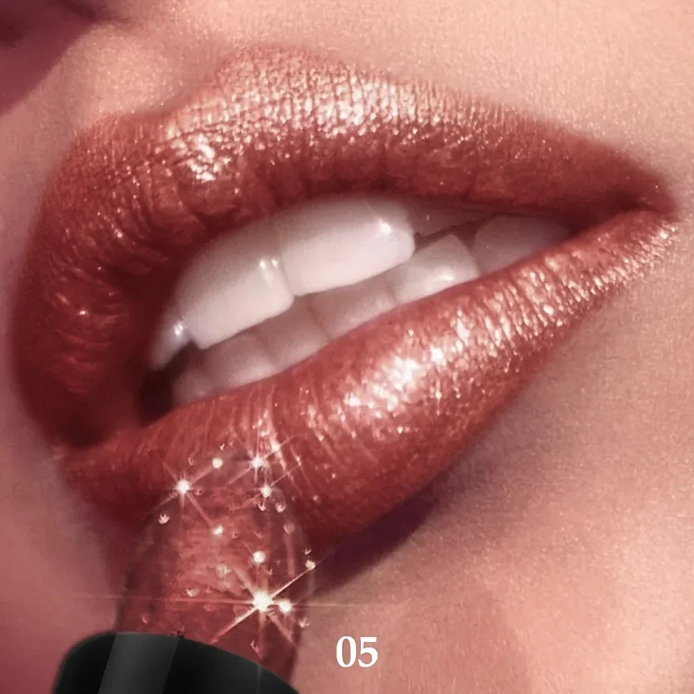 Blushimmer metallic shimmer lipstick with pearly glitter shine, creamy texture, high color payoff, and smooth application for party makeup.