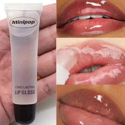 Clear lip gloss by Blushimmer, long-lasting, hydrating, high-shine finish, non-sticky lip care cosmetic in 18ml bottle.