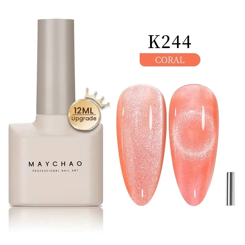 Blushimmer MAYCHAORomantic Galaxy cat eye gel nail polish with holographic rainbow effect and magnetic design for nail manicure.