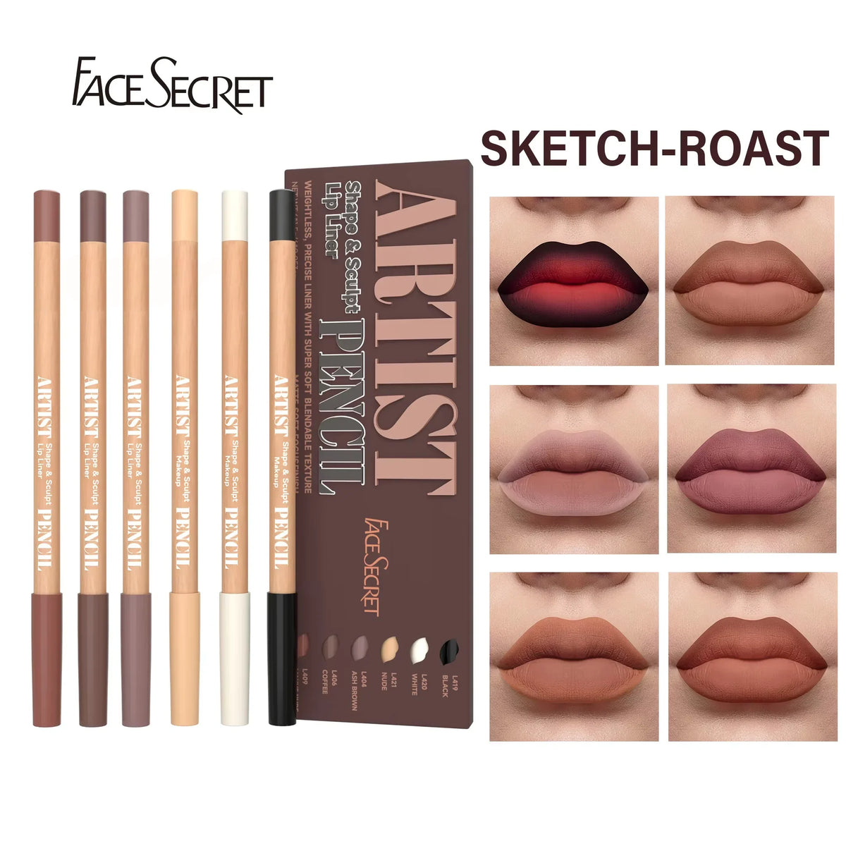 Six velvet matte lip liner pencils in shades of berry, brown, and pink from Blushimmer, showcasing the long-lasting lip makeup set.