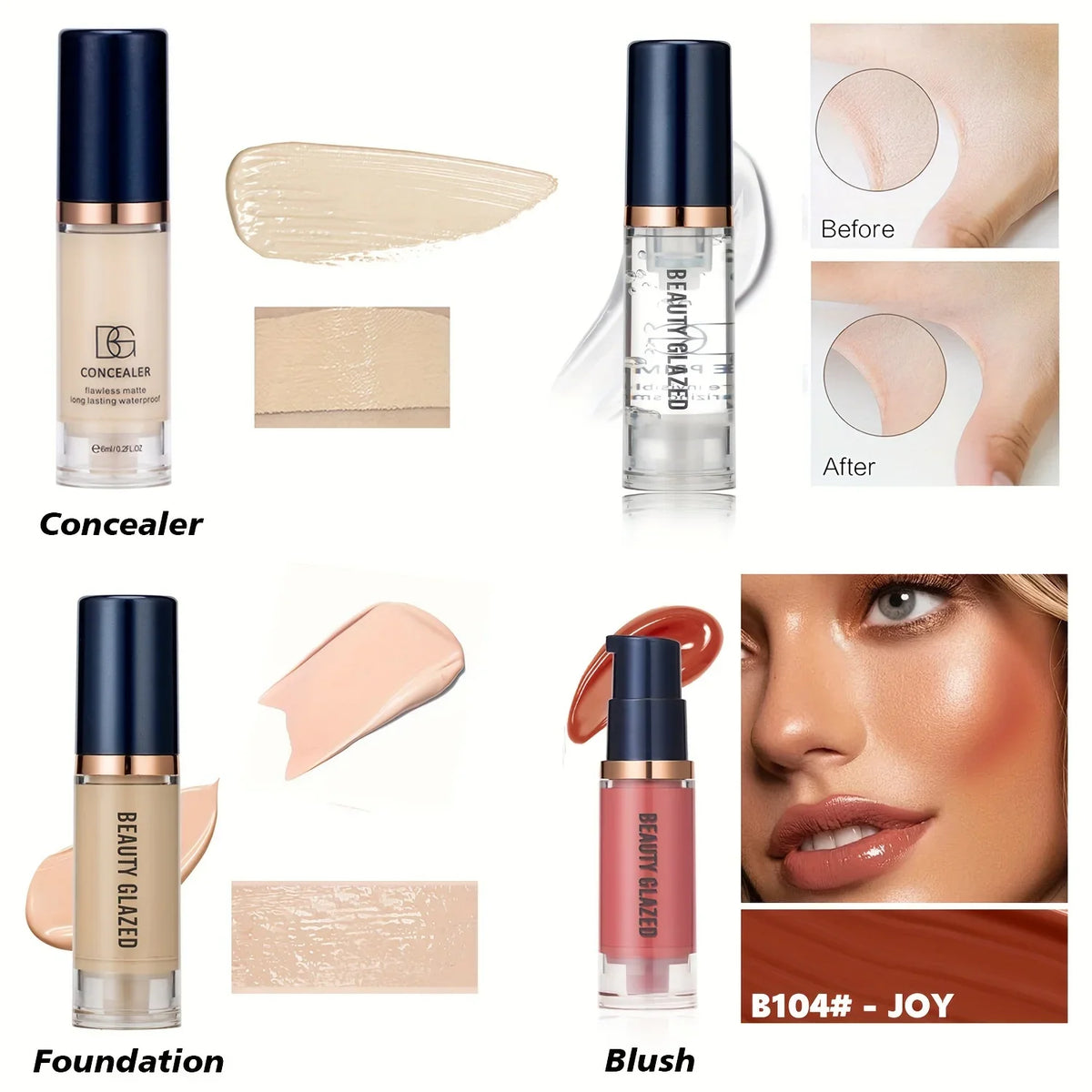 4Pcs Set Primer + Concealer + Liquid Foundation + Liquid Blush Matte Velvet Waterproof Foundation Blush Makeup For Travel