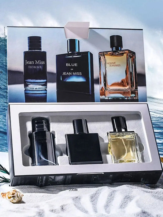 Blushimmer 3-piece men's eau de toilette spray gift set with three different scents, ideal for holiday gifts and special occasions.