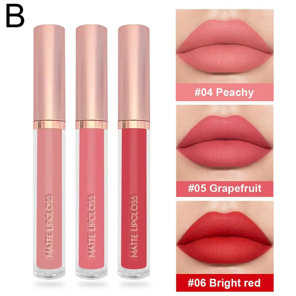 Set of three nude matte velvet liquid lipsticks by Blushimmer, waterproof, long-lasting, non-stick lip glosses for women.