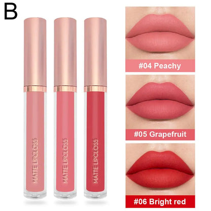 Set of three nude matte velvet liquid lipsticks by Blushimmer, waterproof, long-lasting, non-stick lip glosses for women.