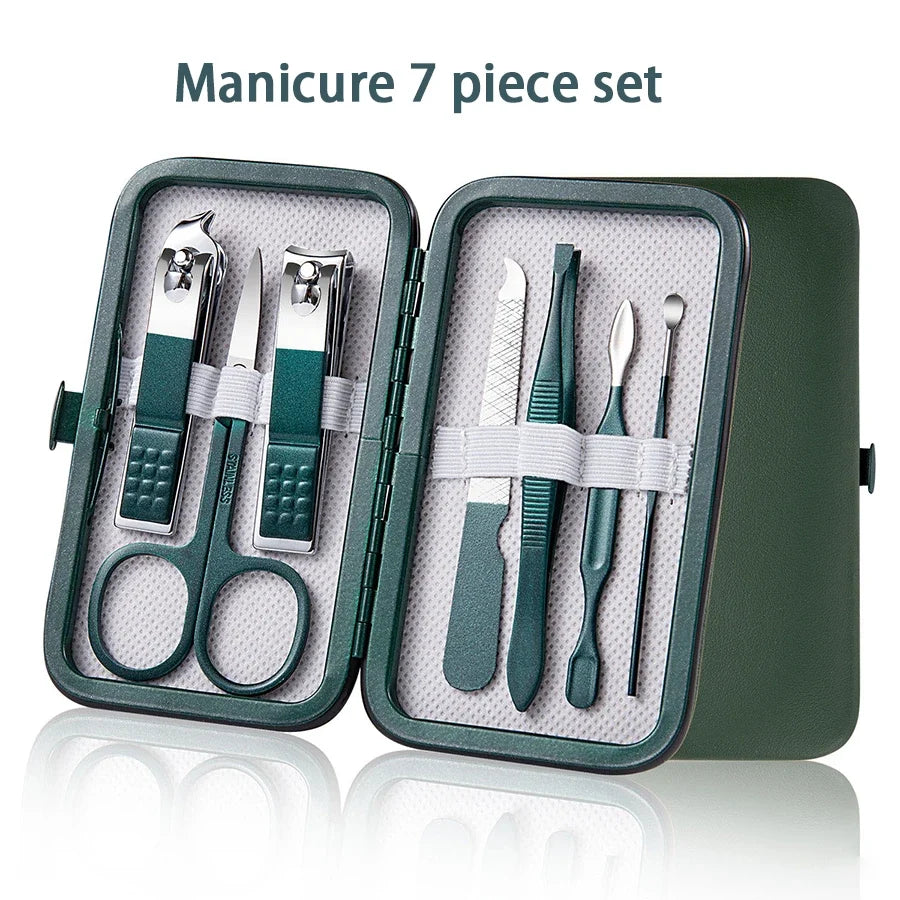 Green 6-18 Pcs Manicure Set With Leather Case Professional Foot And Face Care Tool Kits Stainless Steel Nail Clipper Sets Gift