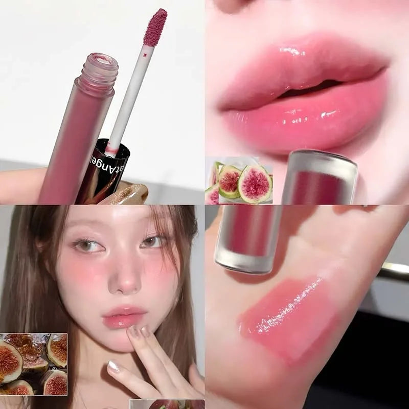 Blushimmer Berry Red mirror translucent lip gloss with hydrating water-light formula and nude brown moisturizing lipstick in clear jelly glaze