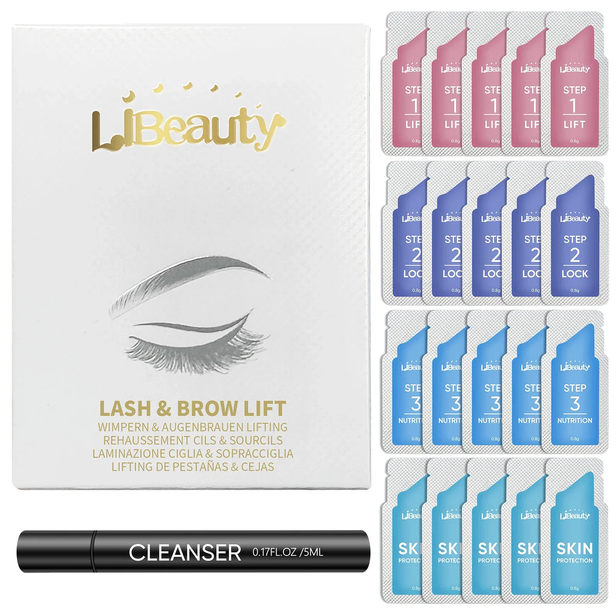 Libeauty Brow Lamination and Lash Lift Kit by Blushimmer with 20 individual sachets, featuring brow and lash lifting tools and solutions.