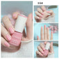 Blushimmer no-bake nail polish with glitter sequins and quick-dry UV formula, shown on a hand with decorated nails.