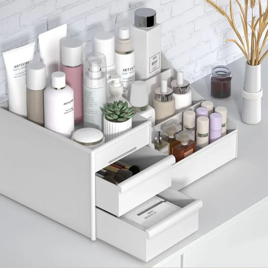Blushimmer space-saving drawer-type cosmetics storage box with compartments for skincare, facial masks, lipsticks, and beauty essentials.