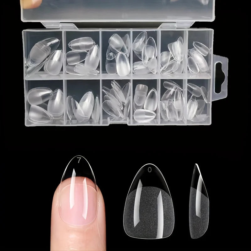 Blushimmer 120-piece full cover press-on nail tips in stiletto, almond, square, and coffin shapes for gel nail extensions.