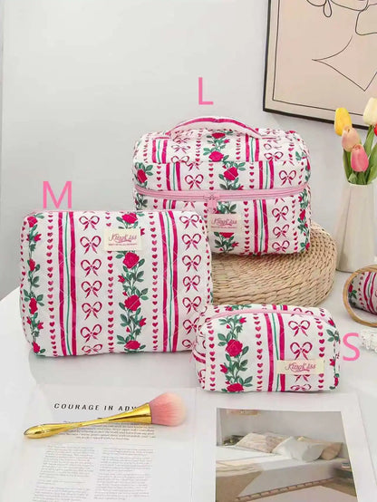 Cute quilted cotton makeup bag by Blushimmer with zipper, portable cloth organizer for cosmetics and toiletries.
