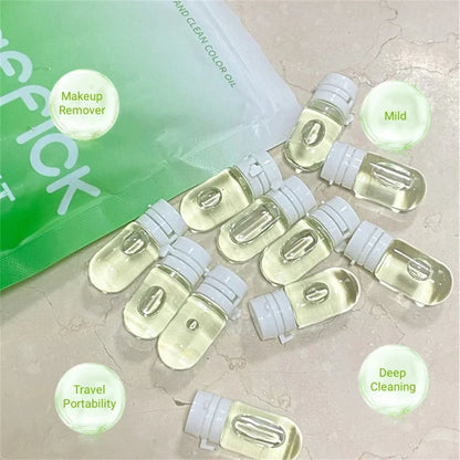 Set of 10 or 30 Blushimmer cleansing oils with camellia extract for gentle facial cleansing and makeup removal, travel-friendly.