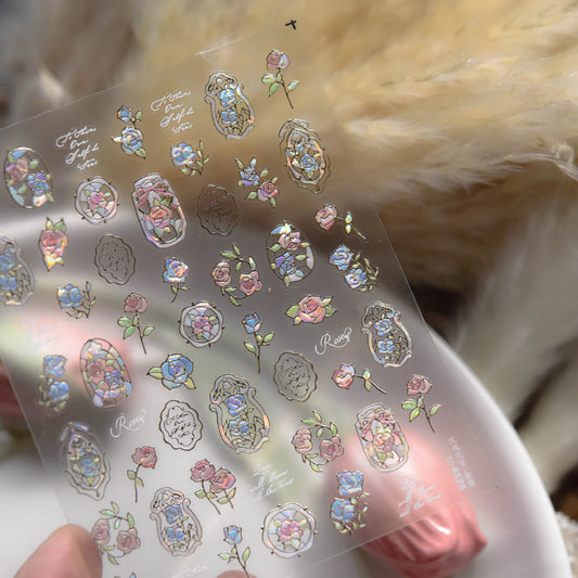 Blushimmer Dream Flower window shell nail art stickers with Japanese flower design, self-adhesive press-on nail decals, decorative accessories